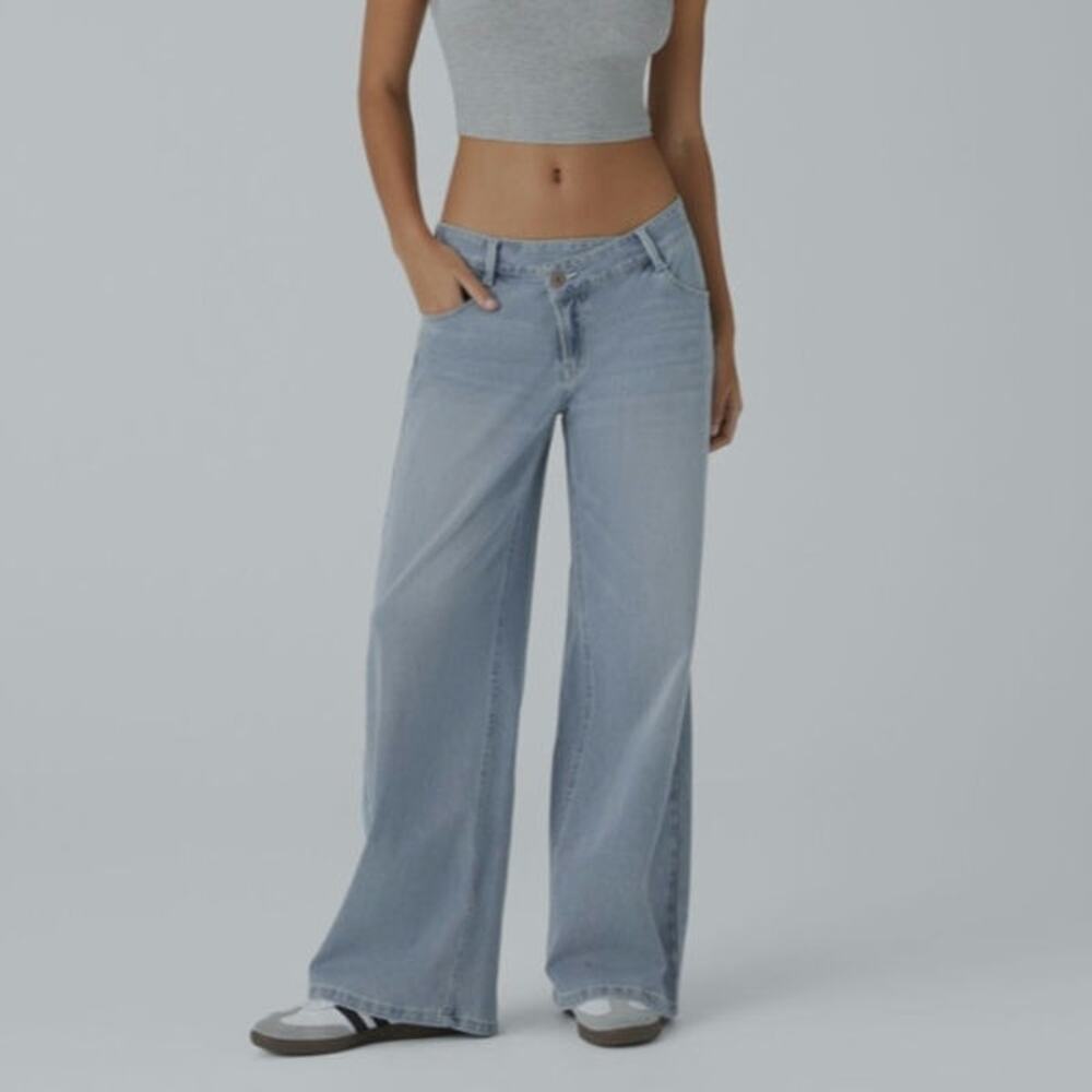 Sz Lg Tall HALARA Light Blue Low-Rise Asymmetric Wide-leg Stretch Pocket Jeans - Picture 3 of 7